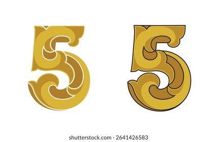 Ornate Number 5 (five) based in color gold with white and black stroke, eps