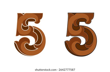 Ornate Number 5 (five) based in color brown with white and black stroke, eps