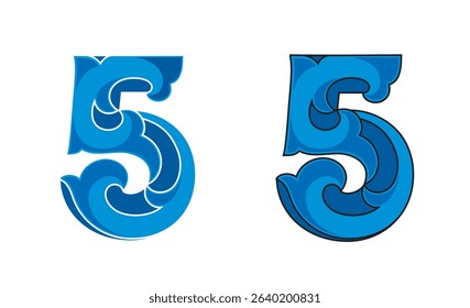 Ornate Number 5 (five) color based in blue with white and black stroke, eps