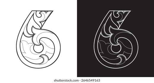 Ornate Number 6 in black and white outline, vector illustration isolated, eps
