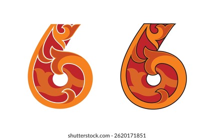 Ornate Number 6 color based in red with white and black stroke, vector illustration isolated on white background, eps