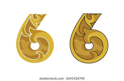 Ornate Number 6 (six) based in color gold with white and black stroke, eps