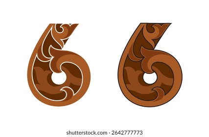Ornate Number 6 (six) based in color brown with white and black stroke, eps