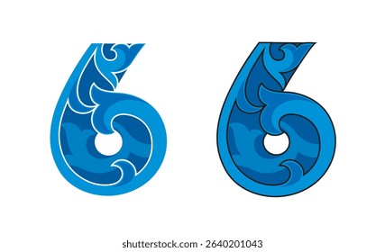 Ornate Number 6 (six) color based in blue with white and black stroke, eps