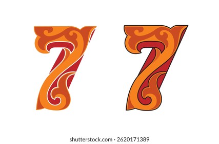 Ornate Number 7 color based in red with white and black stroke, vector illustration isolated on white background, eps