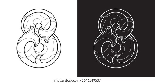 Ornate Number 8 in black and white outline, vector illustration isolated, eps