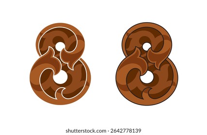 Ornate Number 8 (eight) based in color brown with white and black stroke, eps