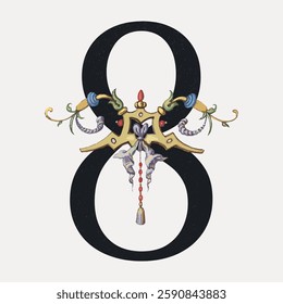 Ornate number 8 with floral and decorative elements. Elegant design featuring gold, blue, and red accents. Artistic number 8 with intricate details. Vintage font illustration, isolated vector.