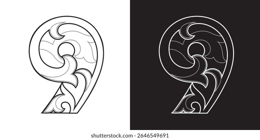 Ornate Number 9 in black and white outline, vector illustration isolated, eps
