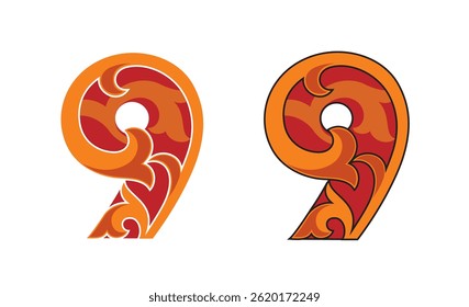 Ornate Number 9 color based in red with white and black stroke, vector illustration isolated on white background, eps