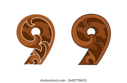 Ornate Number 9 (nine) based in color brown with white and black stroke, eps