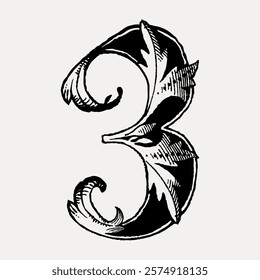 Ornate number three with intricate leaf patterns, vintage style. Decorative number three, artistic and elegant. Classic number three design, black and white. Vintage illustration isolated, vector.