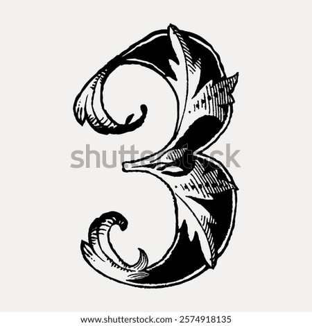 Ornate number three with intricate leaf patterns, vintage style. Decorative number three, artistic and elegant. Classic number three design, black and white. Vintage illustration isolated, vector.