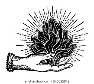 Ornate old fashioned hand with flame.Vintage gothic style inspired art. Vector illustration isolated. Tattoo design, trendy romance symbol for your use.


