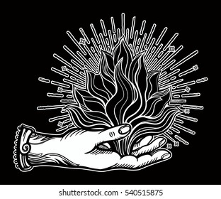 Ornate old fashioned hand with flame.Vintage gothic style inspired art. Vector illustration isolated. Tattoo design, trendy romance symbol for your use.


