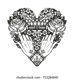 Ornate old fashioned hands with elegant vintage rose flowers inside the heart . Isolated vector illustration. Victorian motif, retro style art, flash tattoo design element.
