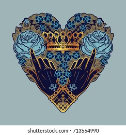 Ornate old fashioned hands with elegant vintage rose flowers inside the heart . Isolated vector illustration. Victorian motif, retro style art, flash tattoo design element.

