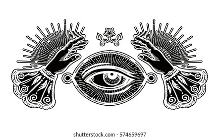 Ornate old fashioned hands and mystic eye.Isolated vector illustration.Vintage alchemy and gothic style inspired art. Vector illustration isolated. Tattoo design, trendy 
symbol for your use.
