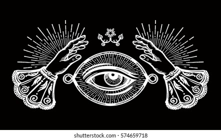 Ornate old fashioned hands and mystic eye.Isolated vector illustration.Vintage alchemy and gothic style inspired art. Vector illustration isolated. Tattoo design, trendy 
symbol for your use.
