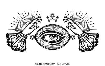 Ornate old fashioned hands and mystic eye.Isolated vector illustration.Vintage alchemy and gothic style inspired art. Vector illustration isolated. Tattoo design, trendy 
symbol for your use.
