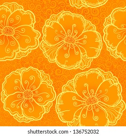 Ornate orange flowers vector seamless pattern