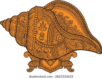 ornate orange shankha conch shell with traditional indian floral pattern