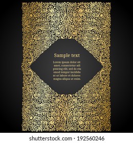 Ornate oriental label template, golden foil on black, vector illustration