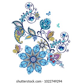 Ornate ornament with Fantastic flowers with paisley and butterflies.Vector illustration.