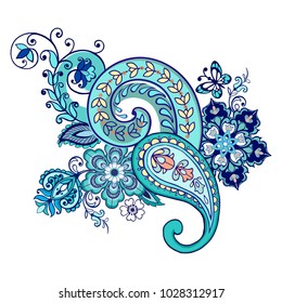 Ornate ornament with Fantastic flowers with paisley and butterflies.Vector illustration.