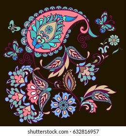 Ornate ornament with Fantastic flowers with paisley and butterflies. Floral ornament pink and emerald color on a black background.