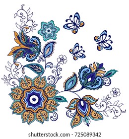 Ornate ornament with Fantastic flowers with paisley and butterflies.Vector illustration.
