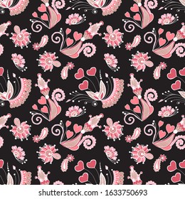 Ornate ornament of hearts, flowers and plants, on a black background. Stock illustration. Cartoon single vector illustration.