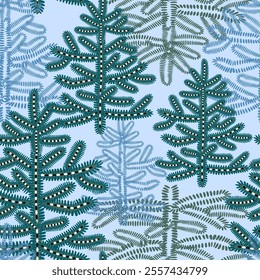 Ornate ornamental Christmas trees in snowy winter forest in calm blue tones. Stylized seamless pattern for New Year design, wrapping paper ,wallpaper, fabrics, textile. Vector illustration.