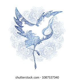 Ornate ornamental crane on a mandala background. Blue on white