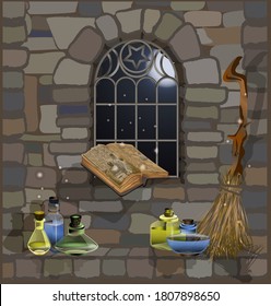 Ornate othic window a stone house with magic witch book and glass jar. vector illustration