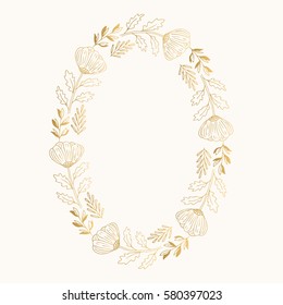 Ornate oval border. Golden vector illustration. Isolated.