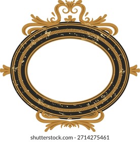 Marco ovalado adornado con pergamino barroco, filigrana florecer, y detalle angustiado, aislado en el centro en blanco. Símbolo de lujo, elegancia, herencia y marca premium. Ilustración vectorial de dibujos animados.