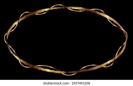 Ornate oval gold frame on a black background. Drawn textured borders with gold or copper effect. Vector elegant borders design.	