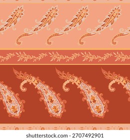 Composición de borde de paisley adornado con rayas en capas en tonos cálidos de terracota y melocotón. Patrón decorativo de Vector.