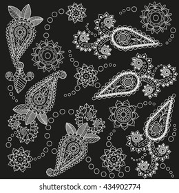 Ornate Paisley Pattern Doodle Vector Design on Black