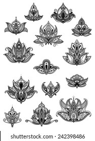 Ornate paisley vintage black and white flower motifs with delicate calligraphic designs and intricate Persian patterns
