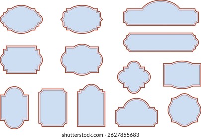 Ornate pastel blue label collection with classic frame. Vintage soft tags for cosmetics packaging, romantic wedding invitations and elegant boutique logos. Vector design template with blank space