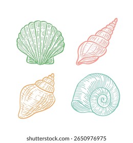 Ornate pastel seashells and starfish line art set – intricately detailed marine illustrations for beach, ocean, coastal themes, perfect for elegant summer and nautical design projects.