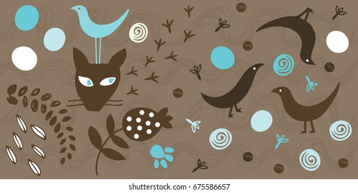 Ornate pattern with cats and birds in vector graphic images on brown background