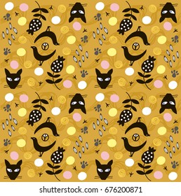 Ornate pattern with cats and birds in vector graphic images on yellow background