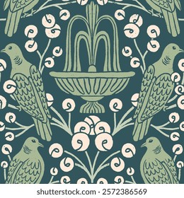 Ornate pattern featuring birds, a fountain, and floral motifs in a vintage-inspired, symmetrical design with a monochromatic green and cream palette, inspired by English gardens 