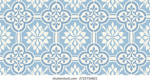 Padrão ornamentado com motivos florais em um design repetido em um fundo azul claro