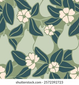 Ornate pattern featuring pears, flowers and foliage motifs in a vintage-inspired design with a monochromatic green and cream palette, English garden inspiration