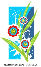 Ornate pattern with red flowers and grunge white blots on a blue background.