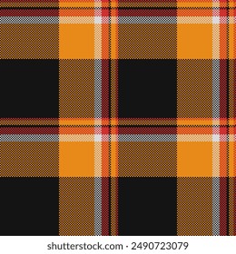 Ornate pattern texture vector, geometric check background plaid. Punk seamless tartan fabric textile in black and orange colors palette.